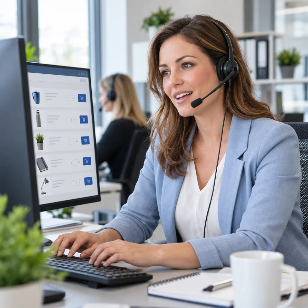 Symbolbild: Mitarbeiterin mit Headset nimmt telefonisch eine Bestellung auf und erfasst sie am Computer