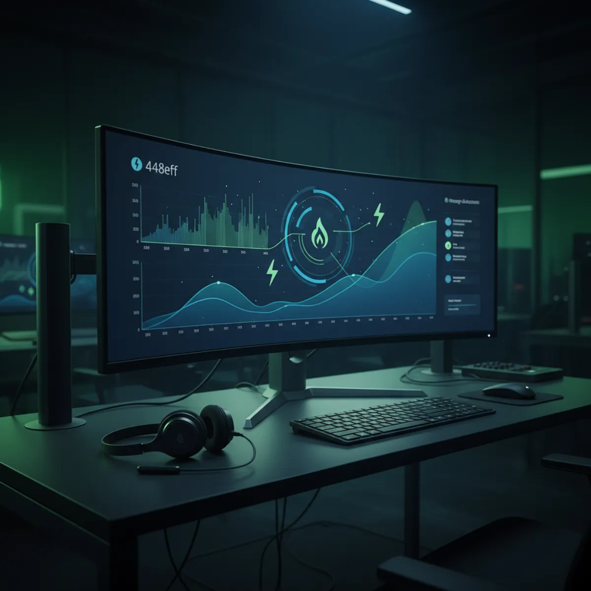 Moderner Arbeitsplatz mit Energie-Dashboard in Blau und Grün