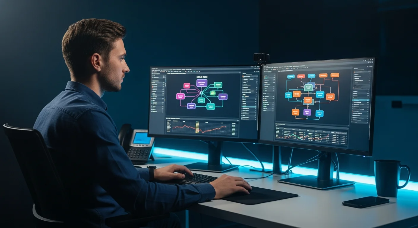 Lead-Processing-Team von verkaufhoch3 Oberhausen – IT-Entwickler vor Monitoren mit Workflow-Diagrammen und Lead-Scoring-Dashboard