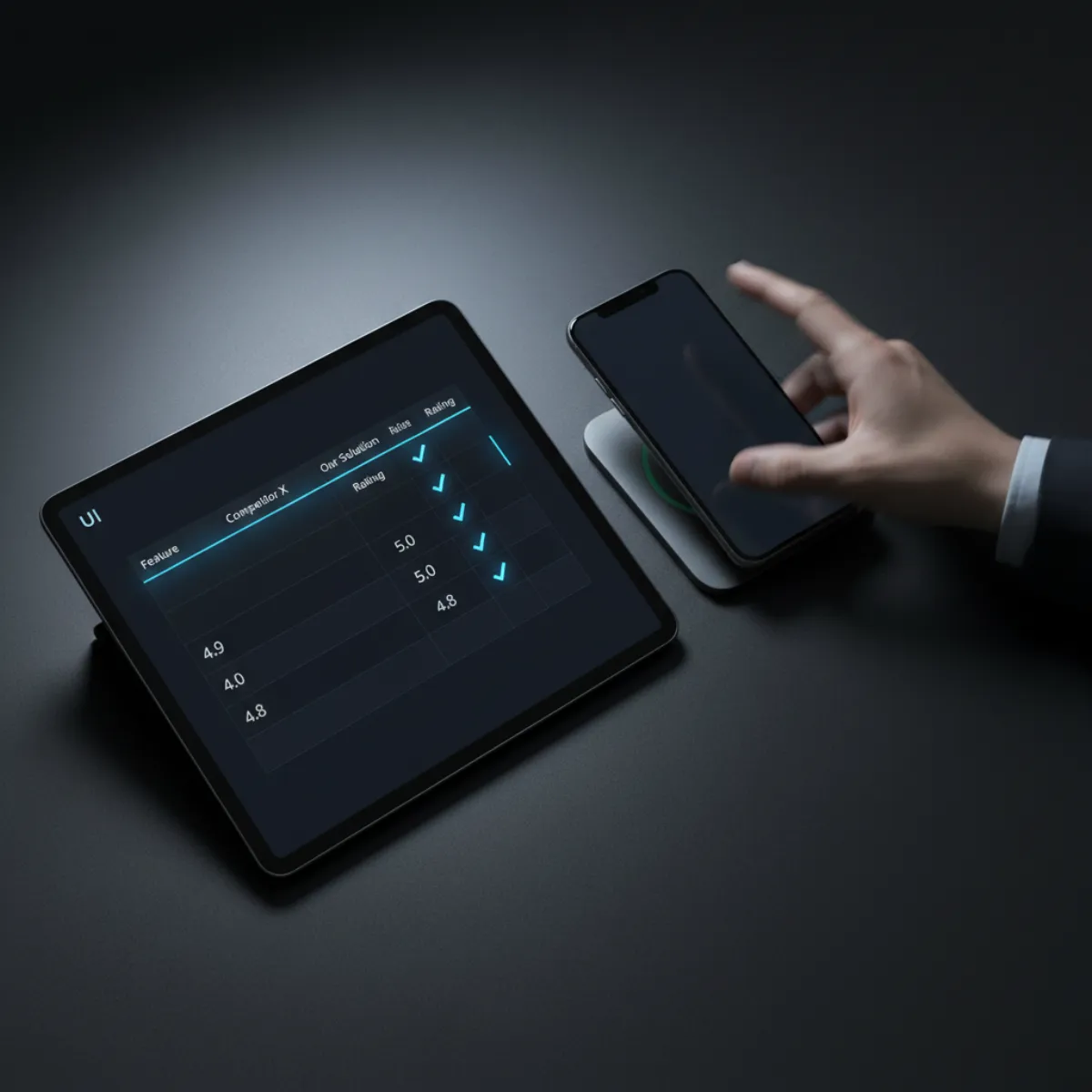 Tablet mit Vergleichstabelle und Smartphone für schnelle Lead-Bearbeitung