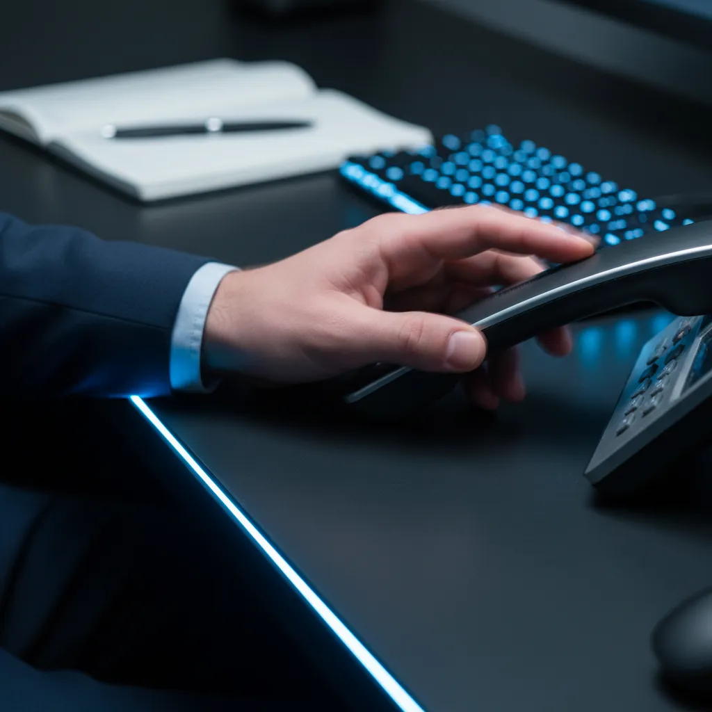 Hand greift zum Telefon für Kaltakquise-Anruf