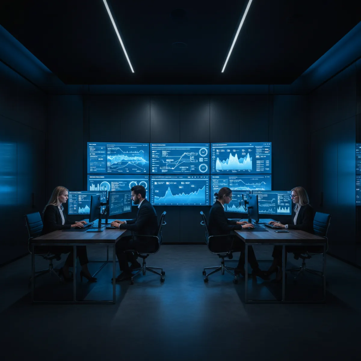 Moderner Sales War Room mit CRM-Dashboards und blauem Licht