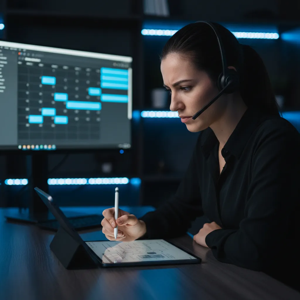 Setterin mit Headset qualifiziert Leads am Tablet