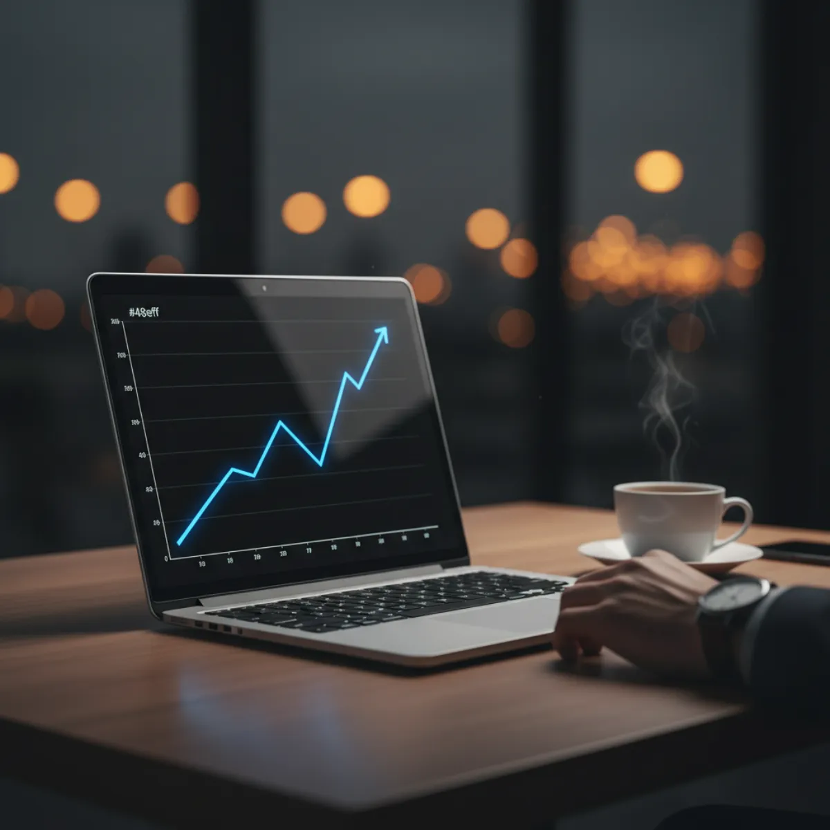 Laptop mit steigendem Umsatz-Chart in Blau