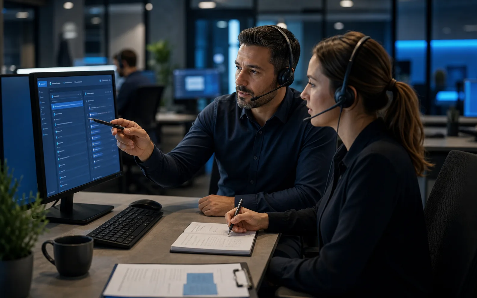 Telefonservice-Team bespricht strukturierte Übergabe eines Kundenanliegens